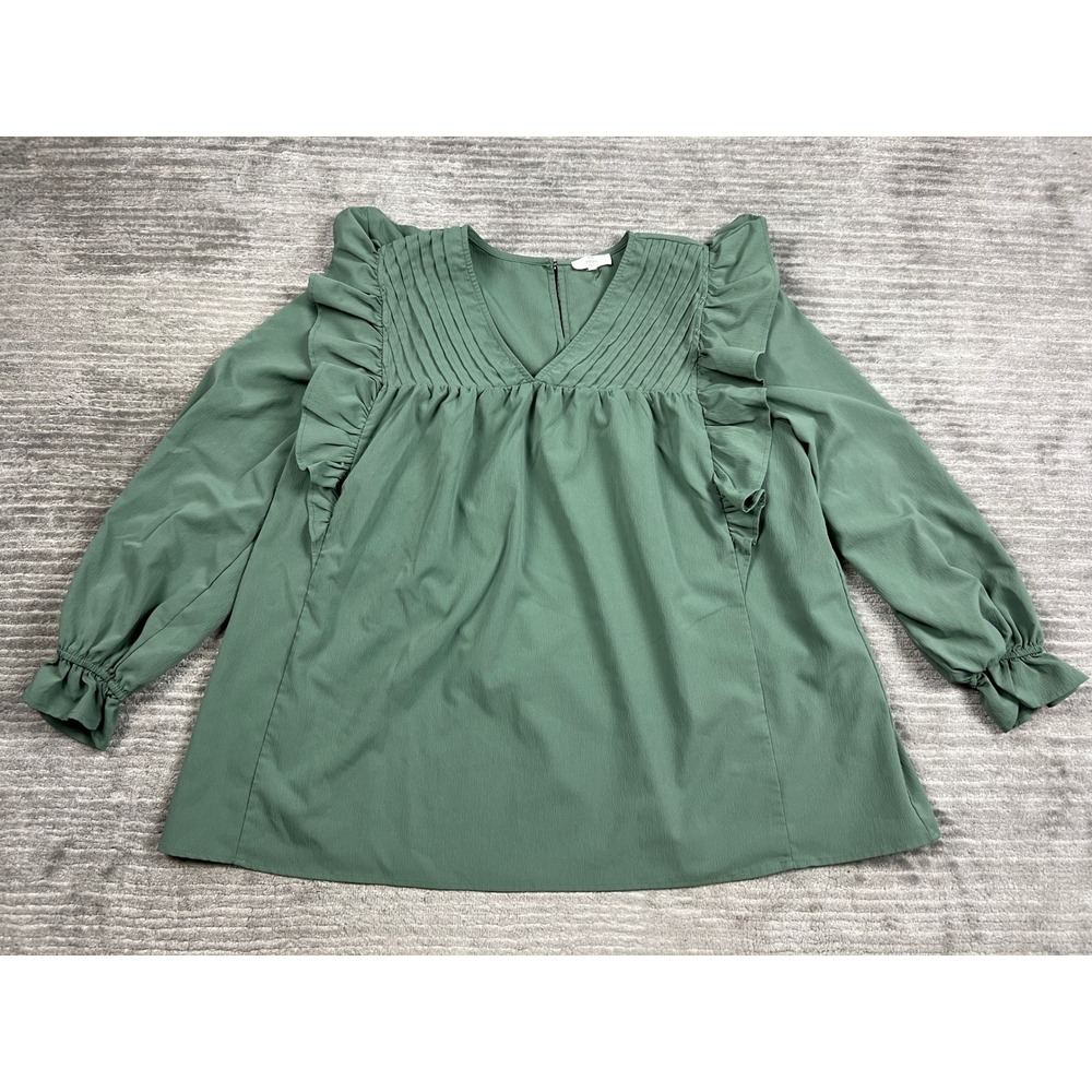 Entro Blouse Womens 1X Green Babydoll Ruffle Pintuck V-Neck T18969P Long Sleeve